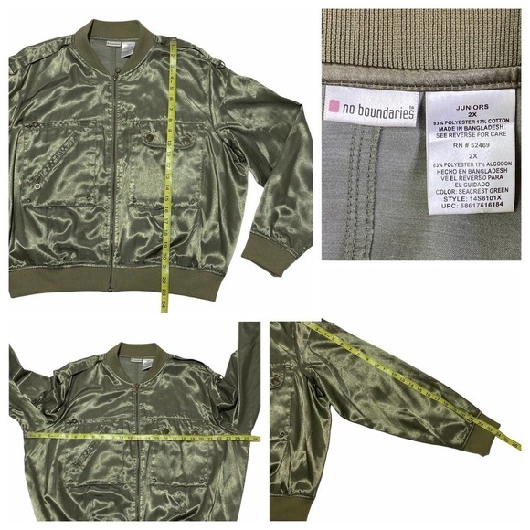 NO Boundaries Green Satin Full Zip Bomber Jacket - Picture 10 of 11